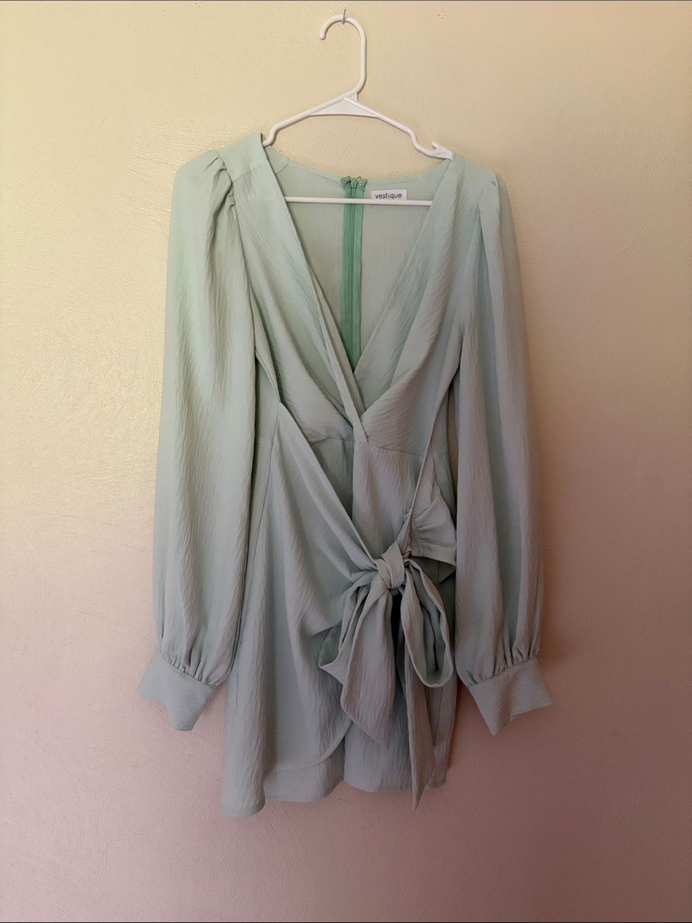 vestique Mint Green Long Sleeve Wrap Tie Dress